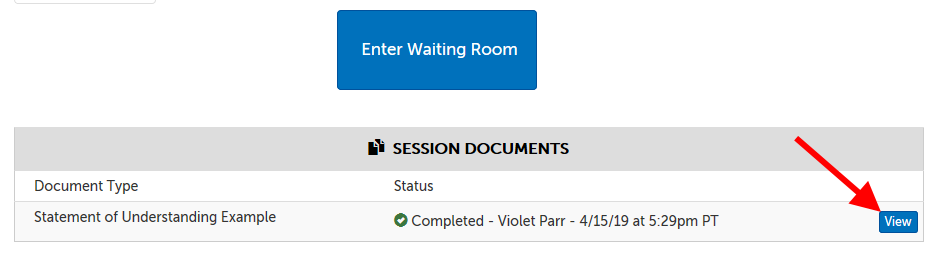 Example of "Session Documents" section, where instead of a "Submit" button, there is a "View" button, to view a document submitted by another participant