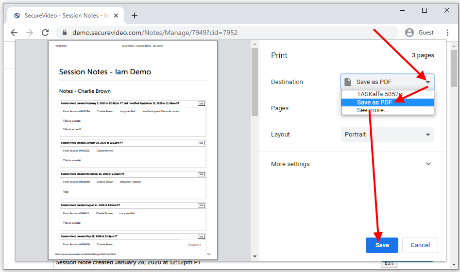 Arrow pointing to Destination selection, the "Save as PDF" option, and then the "Print" button